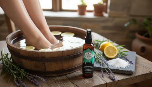Feet soaking in natural foot bath with lemons, lavender, and Epsom salts, representing home remedies for foot odor.
