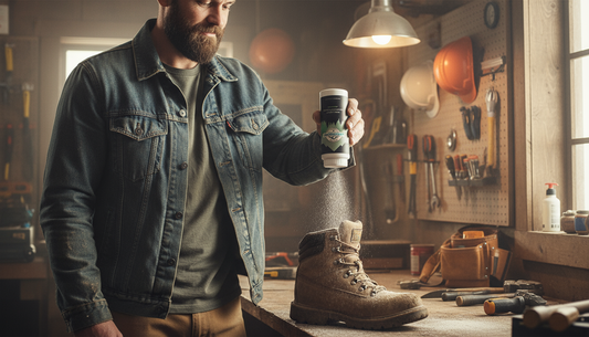 Construction worker eliminating odor from work boots with natural spray