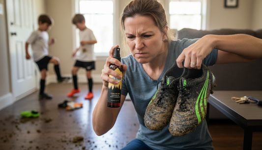 Parent dealing with smelly kid's cleats after sports practice