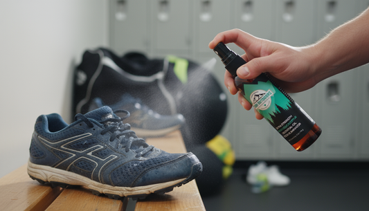 Athlete spraying Lumi Outdoors Lemon & Eucalyptus Shoe Deodorizer into a sweaty running shoe on a locker room bench.