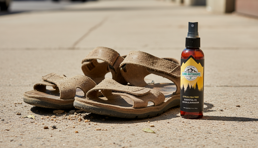 Close-up of dirty, smelly leather sandals on a hot sidewalk, representing the struggle of neglected footwear